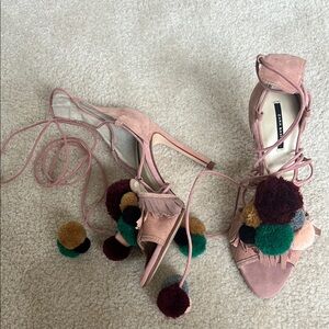 Zara Pink Suede Pom Pom Heels